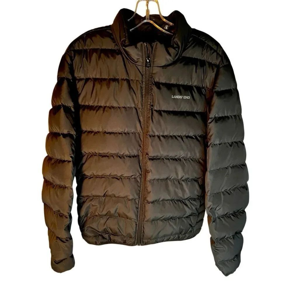 Men's Lands End Down Puffer Full Zip Jacket Size Medium Nylon Black